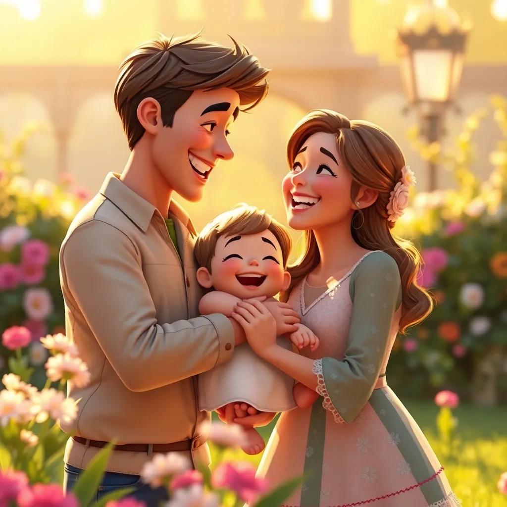 A loving scene between Heinel and his new family, laughter and joy filling the surroundings, warm golden light, royal garden, sweet and inviting, high quality