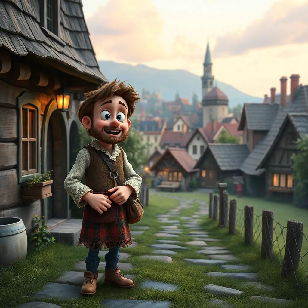 Heinel dressed like a shepherd, nervously approaching the merchant’s home, a picturesque town in the background, warming and heartwarming scene, high quality