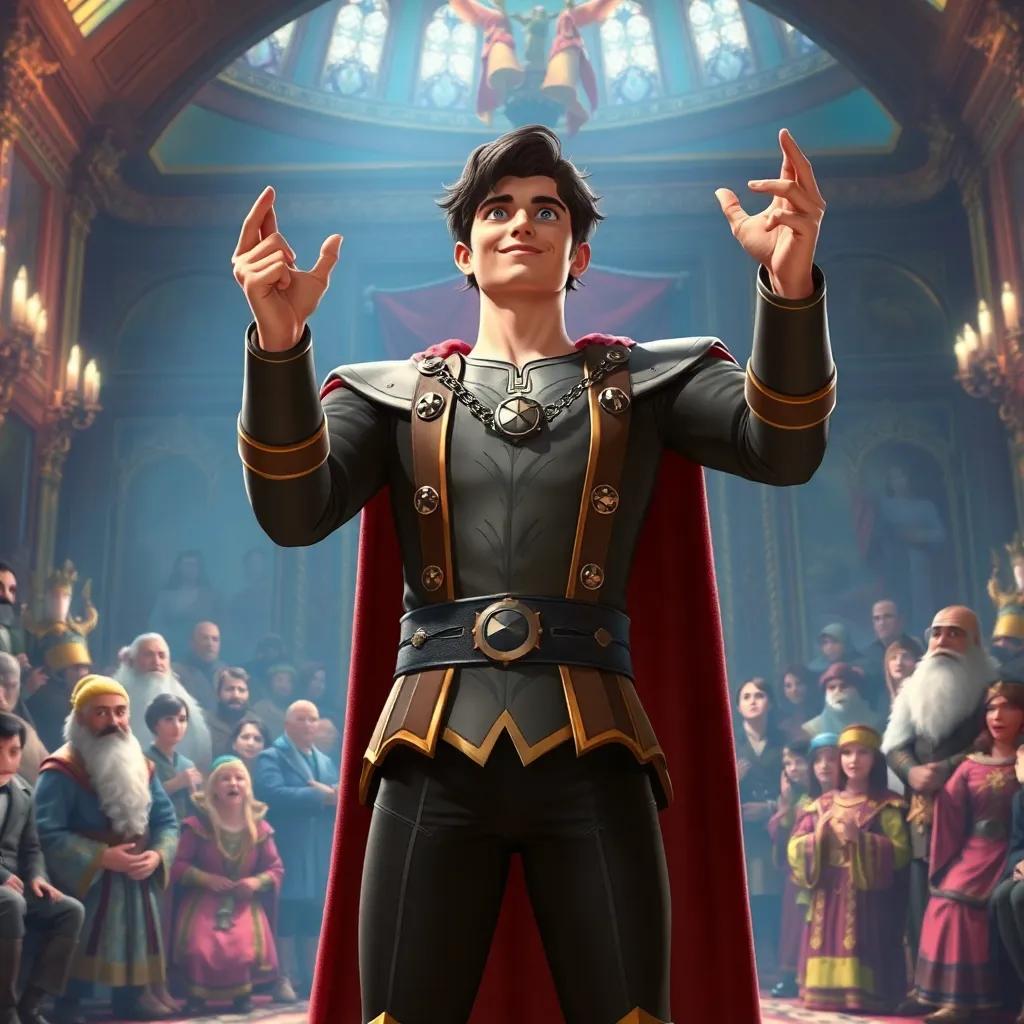 Heinel revealing himself to the astonished crowd and nobles, confident and heroic stance, vibrant palace interior with rich colors, dramatic tension in the air, high quality