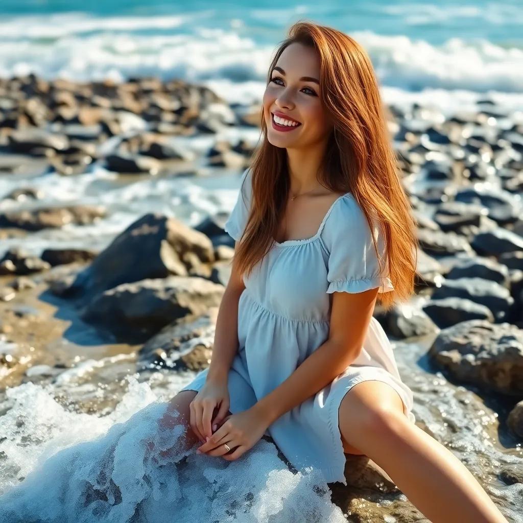 A young woman, Lorena, with long brown hair, wearing a casual summer dress, sitting on a rocky beach with waves crashing around her, looking surprised and happy, sunlight reflecting off the water, sunny day, cheerful atmosphere, high quality