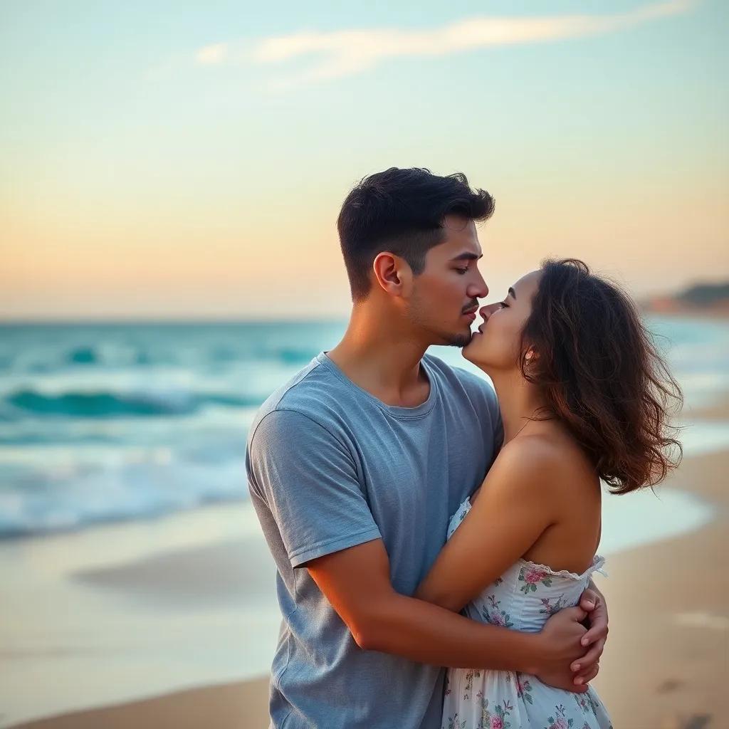 A young man, Mark, with short dark hair, wearing shorts and a t-shirt, leaning in to kiss Lorena on the beach, with the ocean in the background, warm colors, intimate moment, soft focus, emotional connection, high quality