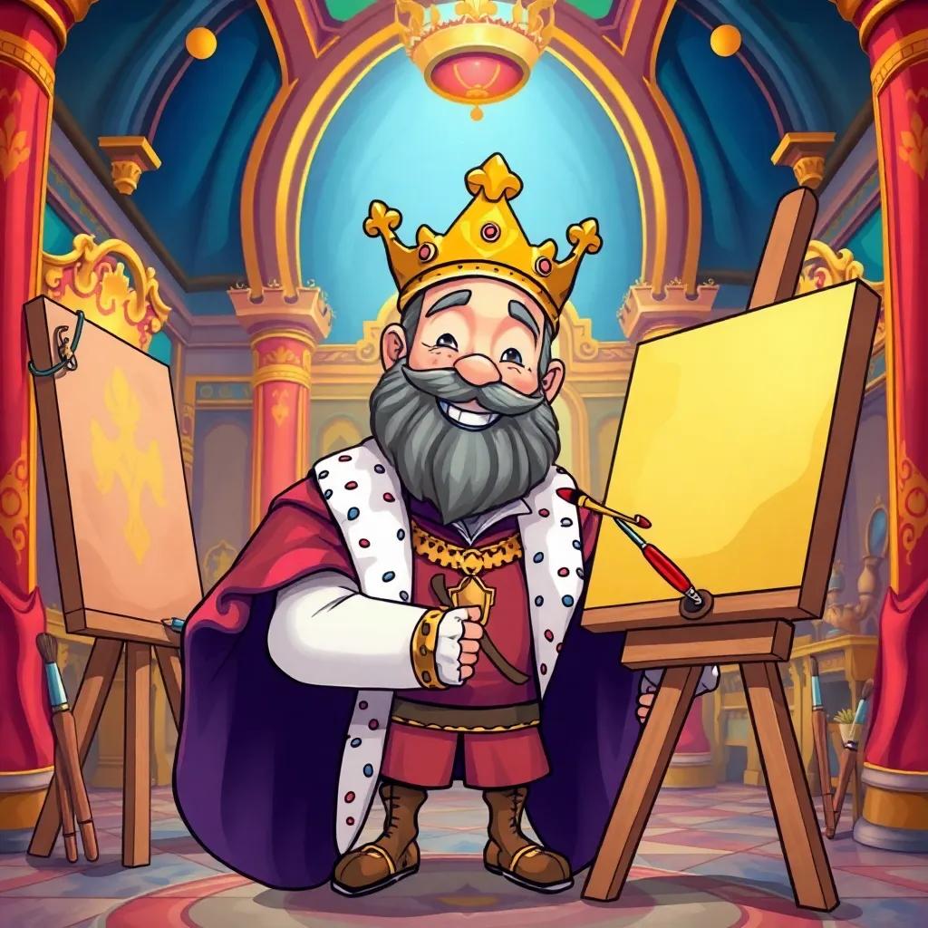 A brave artist, smiling, painting the king in the vibrant royal palace, capturing the joy and pride of the king, surrounded by canvas and brushes, playful style, lively colors, engaging perspective, high quality