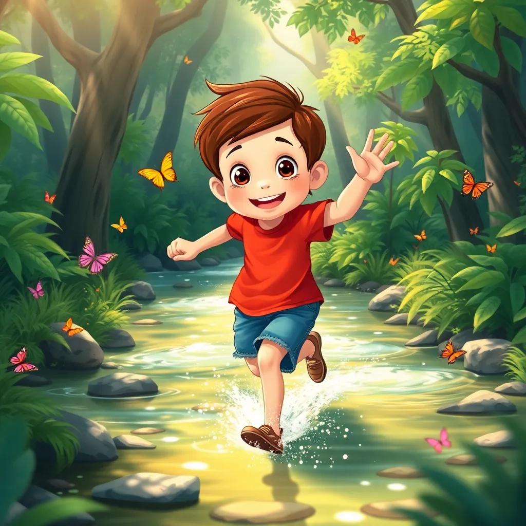 A young boy named Sam, with short brown hair and wearing a bright red t-shirt and denim shorts, running playfully around a sparkling stream in a lush green forest, colorful butterflies fluttering, cheerful atmosphere, vibrant colors, child-friendly illustration, high quality