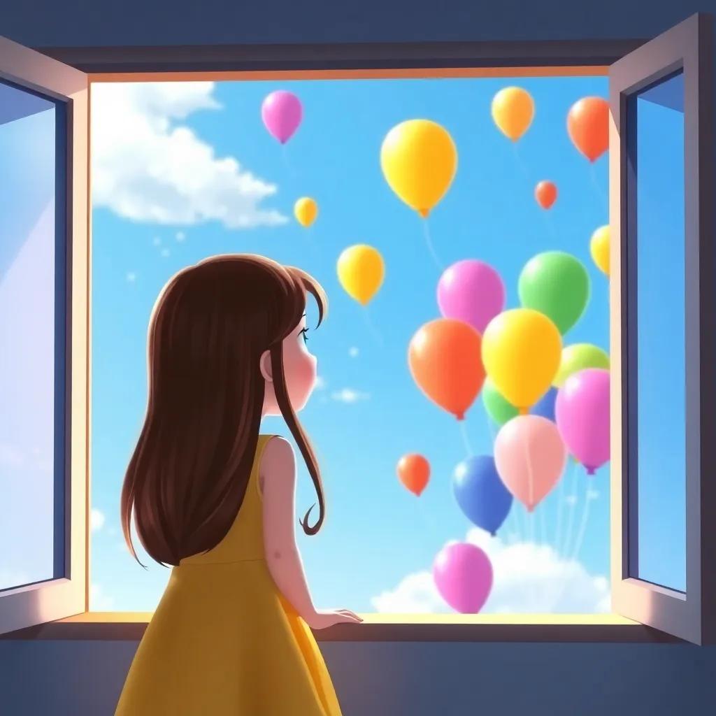 A young girl, Lily, with long brown hair wearing a bright dress, gazing out of her window at colorful balloons drifting in the blue sky, cheerful, digital art, vibrant colors, inviting atmosphere, high quality