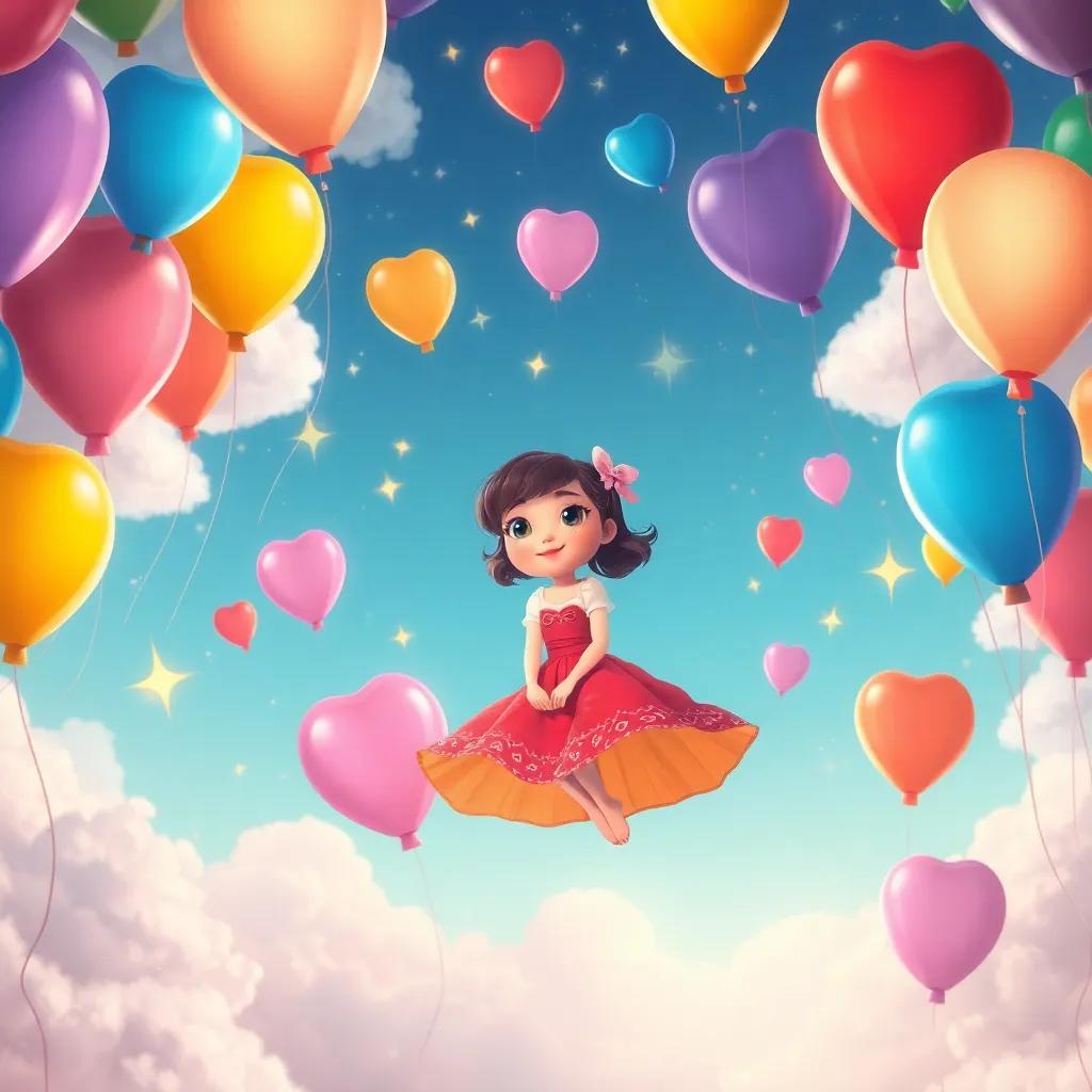 Lily floating in the Land of Floating Dreams surrounded by vibrant colored balloons of various shapes, with fluffy clouds and twinkling stars dancing around her, imaginative, dreamy atmosphere, bright colors, high quality