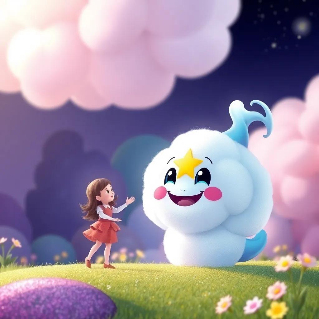 Twirl, a fluffy cloud creature with sparkling star eyes, floating near Lily, welcoming her with a big smile in the colorful dreamland, friendly, digital art, whimsical scenery, high quality