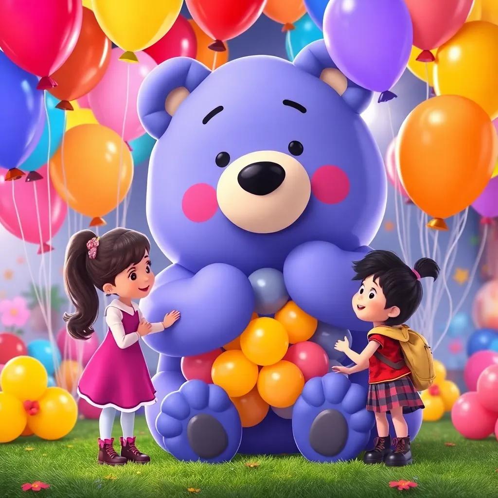 Lily and Twirl meeting Benny the Balloon Bear, a large bear made of colorful balloons, offering a big hug, surrounded by a joyful environment, colorful and cheerful, digital illustration, high quality