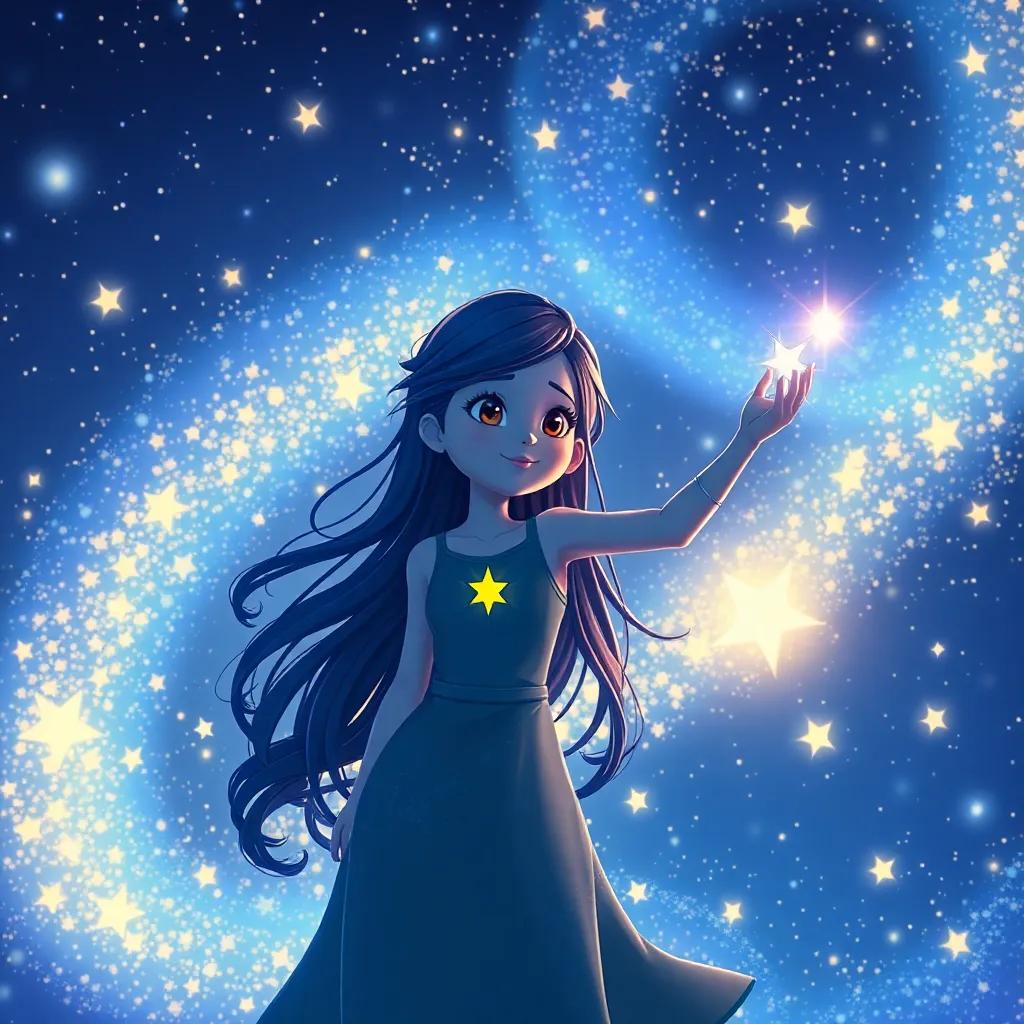 Lily creating stars with Mira the Moonbeam, a luminous creature painting the sky with glow-in-the-dark colors, surrounded by sparkling dust and floating dreams, magical atmosphere, dynamic illustration, high quality