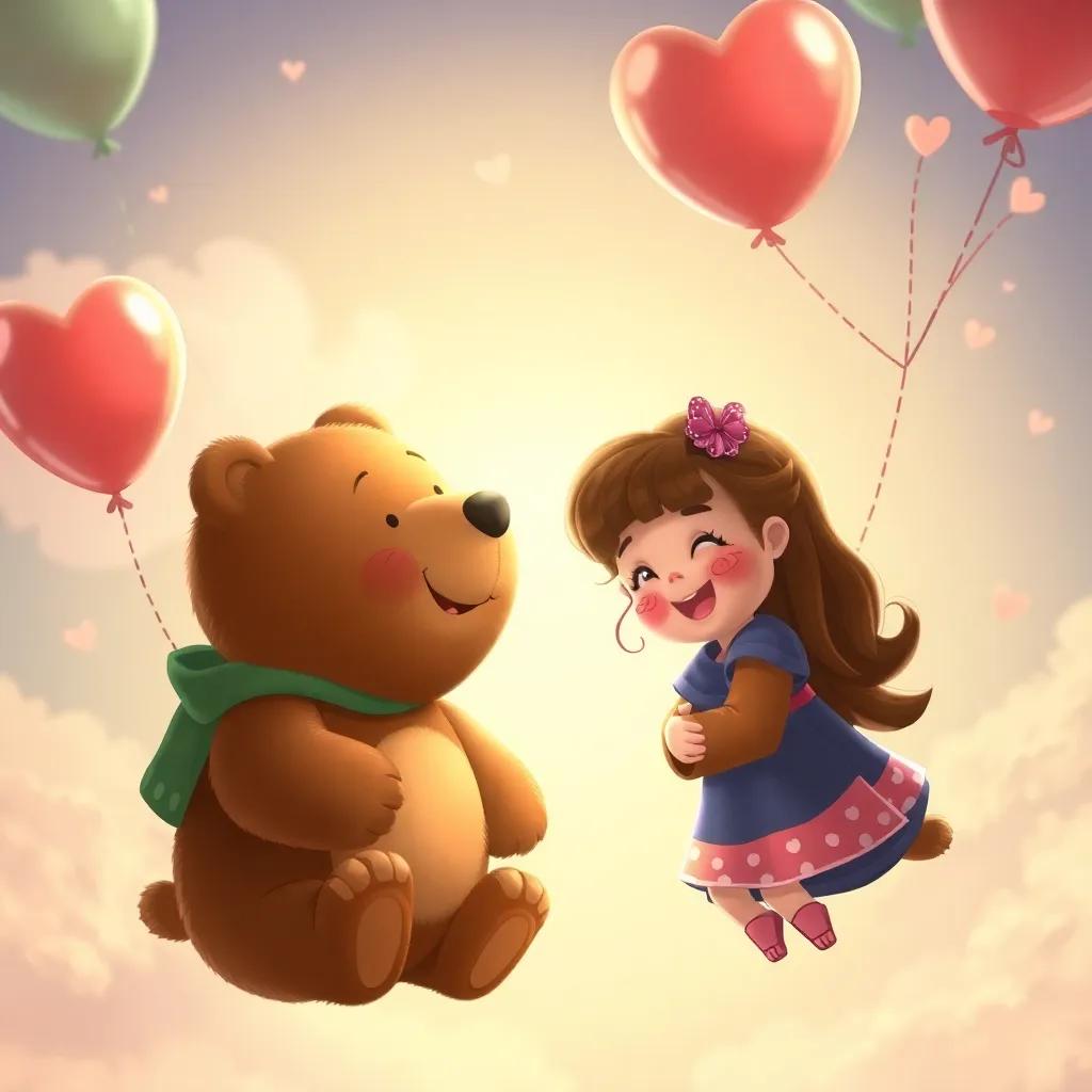 Benny the Balloon Bear teaching Lily about sharing, hugs and laughter fill the air as they float together, warm light, inviting environment, digital art, high quality