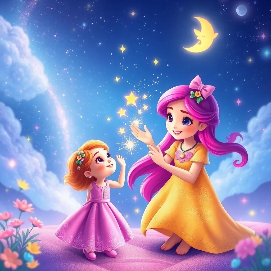 Mira the Moonbeam showing Lily how to create stars with sparkle dust, bright colors and imagination flow around them in the dreamland, joyful, colorful scenery, high quality