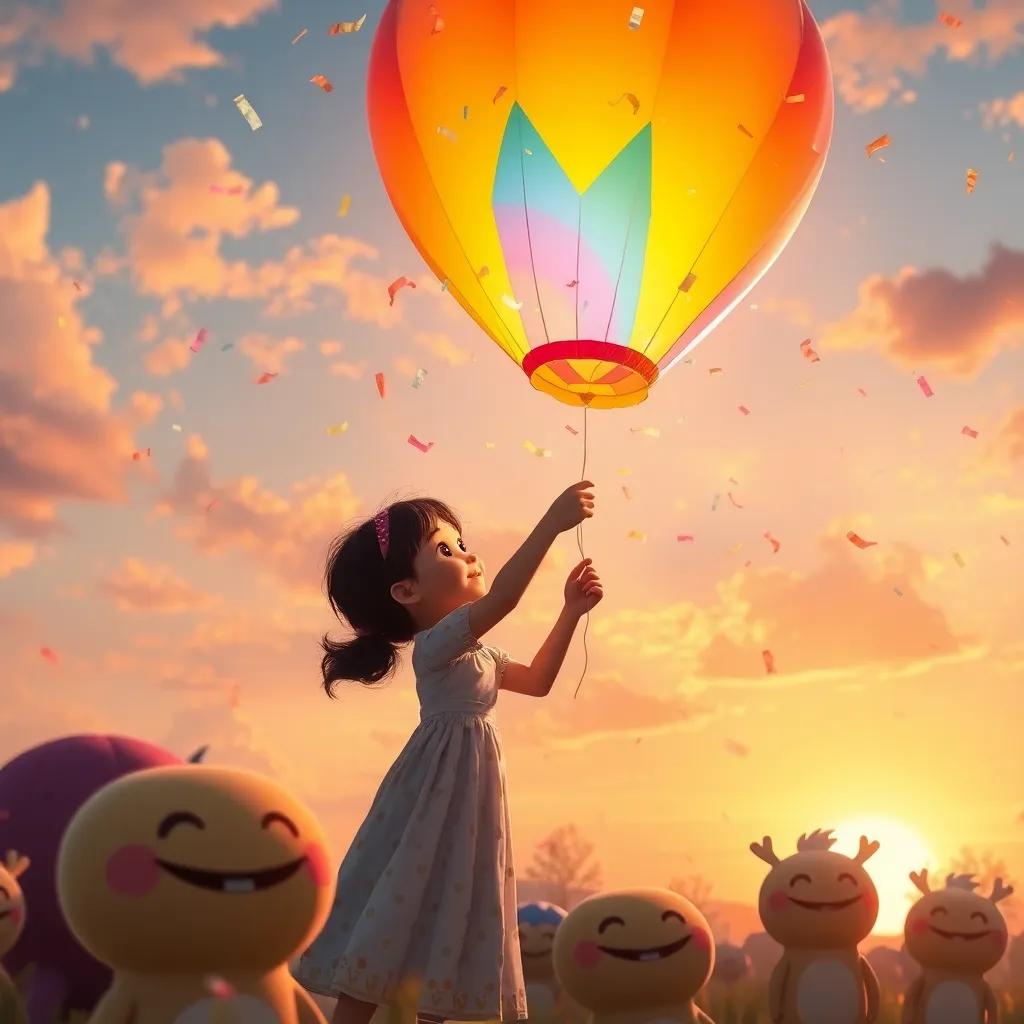 Lily letting go of her colorful balloon filled with kindness, which bursts in the sky, showering confetti over smiling dream creatures, beautiful sky at sunset, enchanting atmosphere, high quality