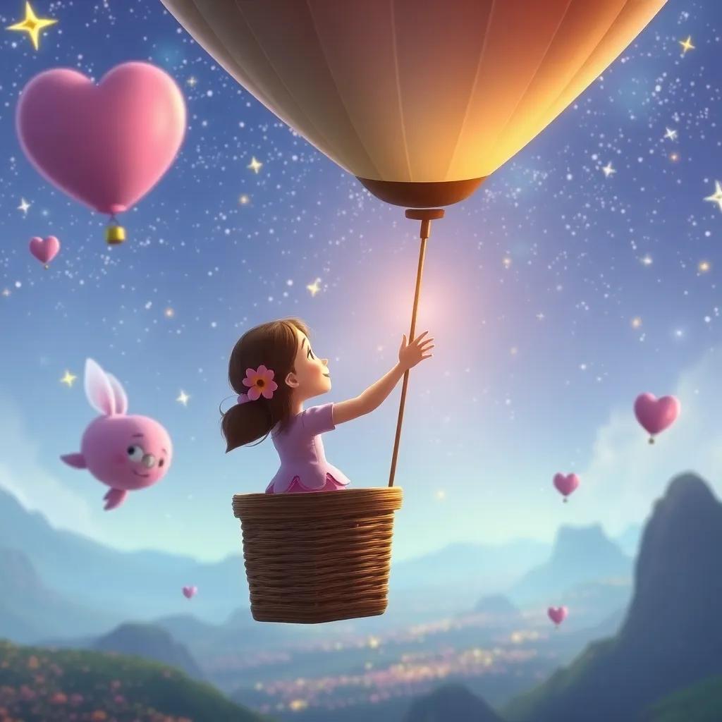 Lily waving goodbye to Twirl, Benny, and Mira in the Land of Floating Dreams, as she floats back home on a balloon surrounded by shimmering stars, heartfelt atmosphere, colorful scenery, high quality