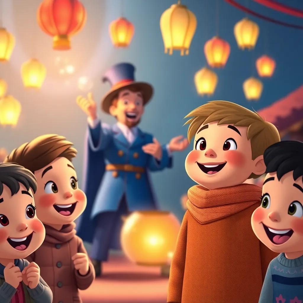 A cheerful boy, Leo, watching a magician performing tricks, surrounded by amazed children, joyful expressions, lanterns glowing softly in the background, digital art, bright colors, lively atmosphere, high quality