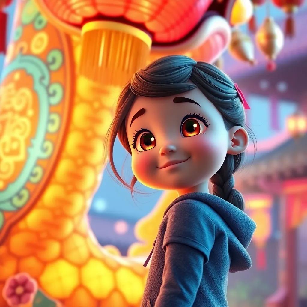 A young girl, Ella, standing close to a giant dragon lantern, her eyes shining with excitement, warm lights illuminating her face, colorful decorations around her, digital art, vibrant colors, rich details, high quality