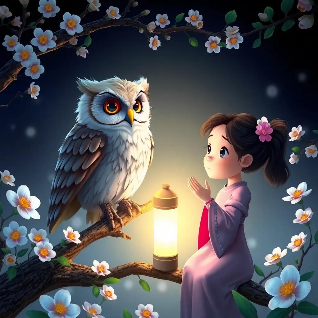 An wise old owl sitting on a branch, with a young girl, Mia, asking for advice under a glowing lantern, surrounded by blooming flowers, digital art, soft colors, nurturing atmosphere, high quality
