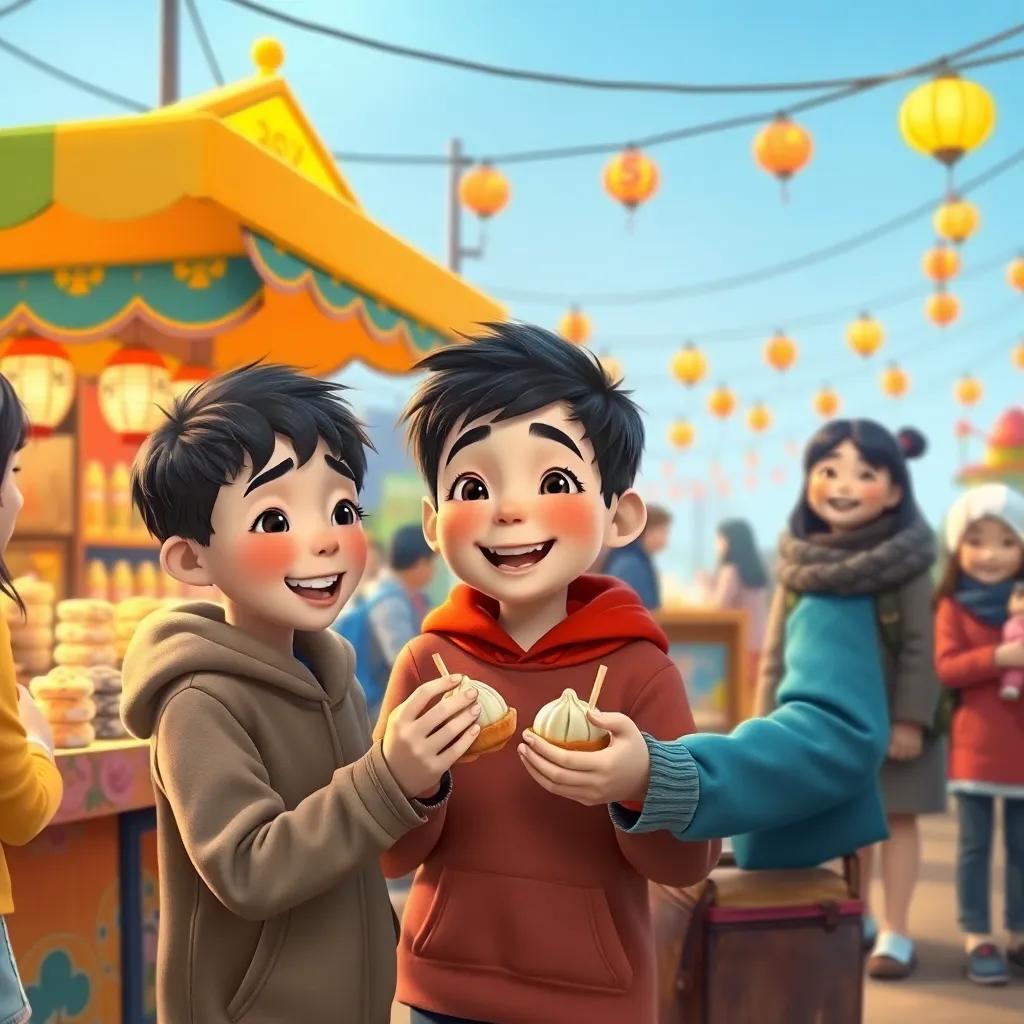 A young boy, Sam, joyfully sharing treats with new friends after buying dumplings from a kind lady, colorful stalls and smiling faces around them, digital art, warm colors, celebratory spirit, high quality