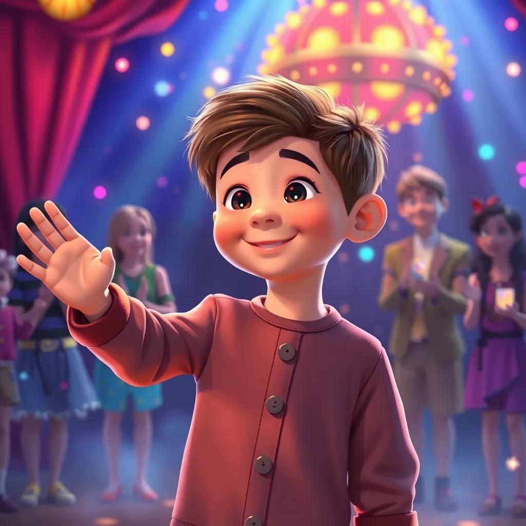 A young boy, Leo, waving goodbye to the magician after helping pick up cards, friends in the background cheering, colorful lights enchanting the scene, digital art, vibrant colors, magical atmosphere, high quality