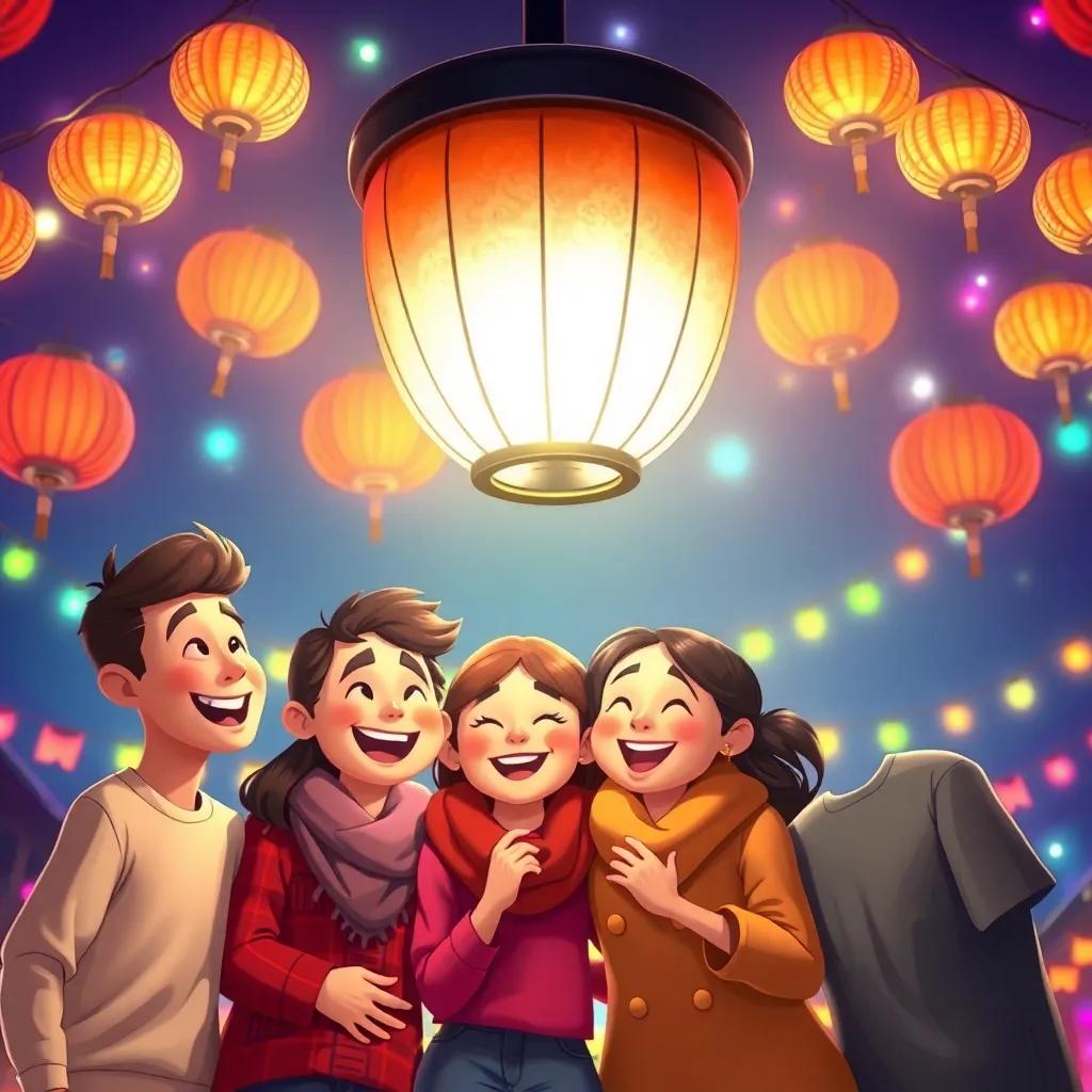 A warm reunion of four friends under a big, bright lantern, colorful festival lights surrounding them, laughter and joy on their faces, digital art, cheerful colors, heartwarming scene, high quality