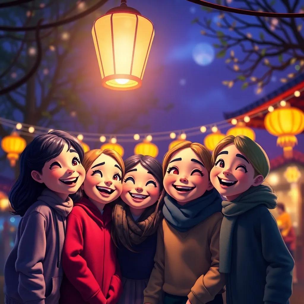 A magical, colorful night with all four friends looking happy and content under the lantern, the festival lights twinkling in the background, digital art, warm colors, joyful atmosphere, high quality