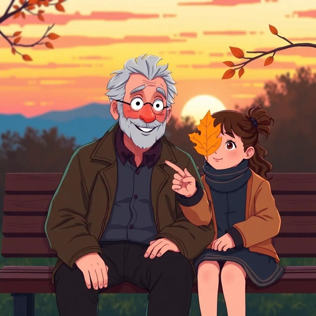 An old man, Max, with gray hair and a kind smile, wearing a jacket, sitting beside Lucy on the bench, pointing towards a lone leaf on a branch, with the background showing a colorful autumn sunset, illustration, soft light, serene, child-friendly