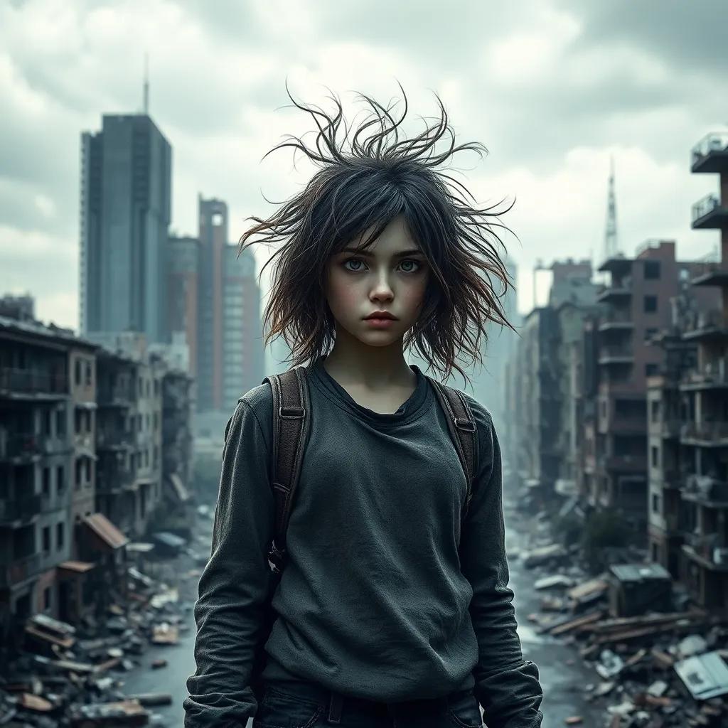 A brave girl named Mia, with wild, tangled hair, wearing worn-out clothes, standing in a dystopian, crumbling city with grey skies, looking determined, digital art, bleak atmosphere, high-quality, dramatic perspective, cinematic lighting