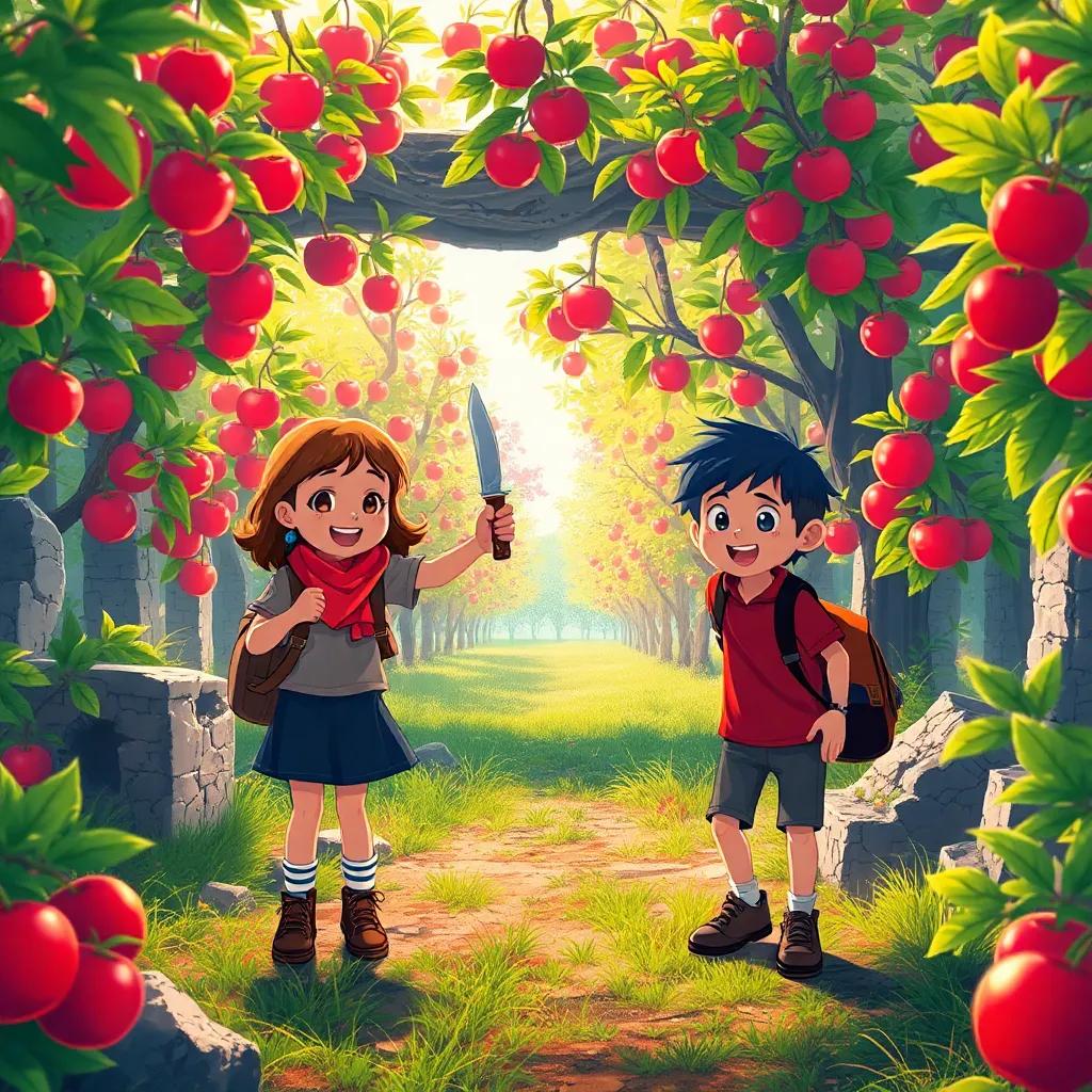 Mia and her brother Leo, with a small wooden knife, excitedly discovering a vibrant hidden orchard with colorful apple trees, surrounded by ruins, cheerful colors, hopeful light, vibrant scene, high-quality, storytelling perspective