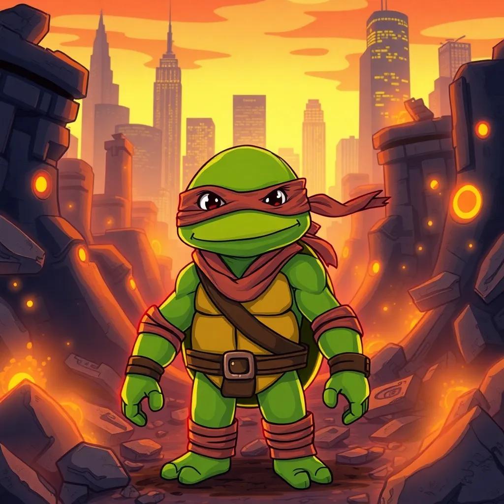 A lone turtle named Mikey, wearing a worn ninja mask, standing amidst ruins filled with glowing Krang technology, looking hopeful and determined, digital art, vibrant colors, city skyline in the background, sharp focus, high quality