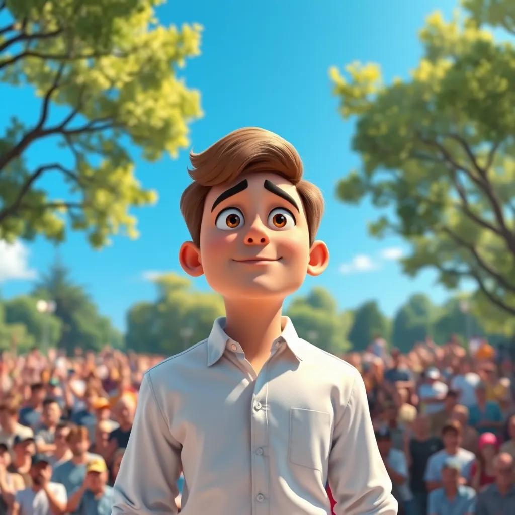 A man named Adolf with short brown hair and wearing a clean white shirt, standing on a stage in front of a crowd in a park, bright blue sky, enthusiastic crowd, detailed digital art, vibrant colors, uplifting atmosphere, high quality