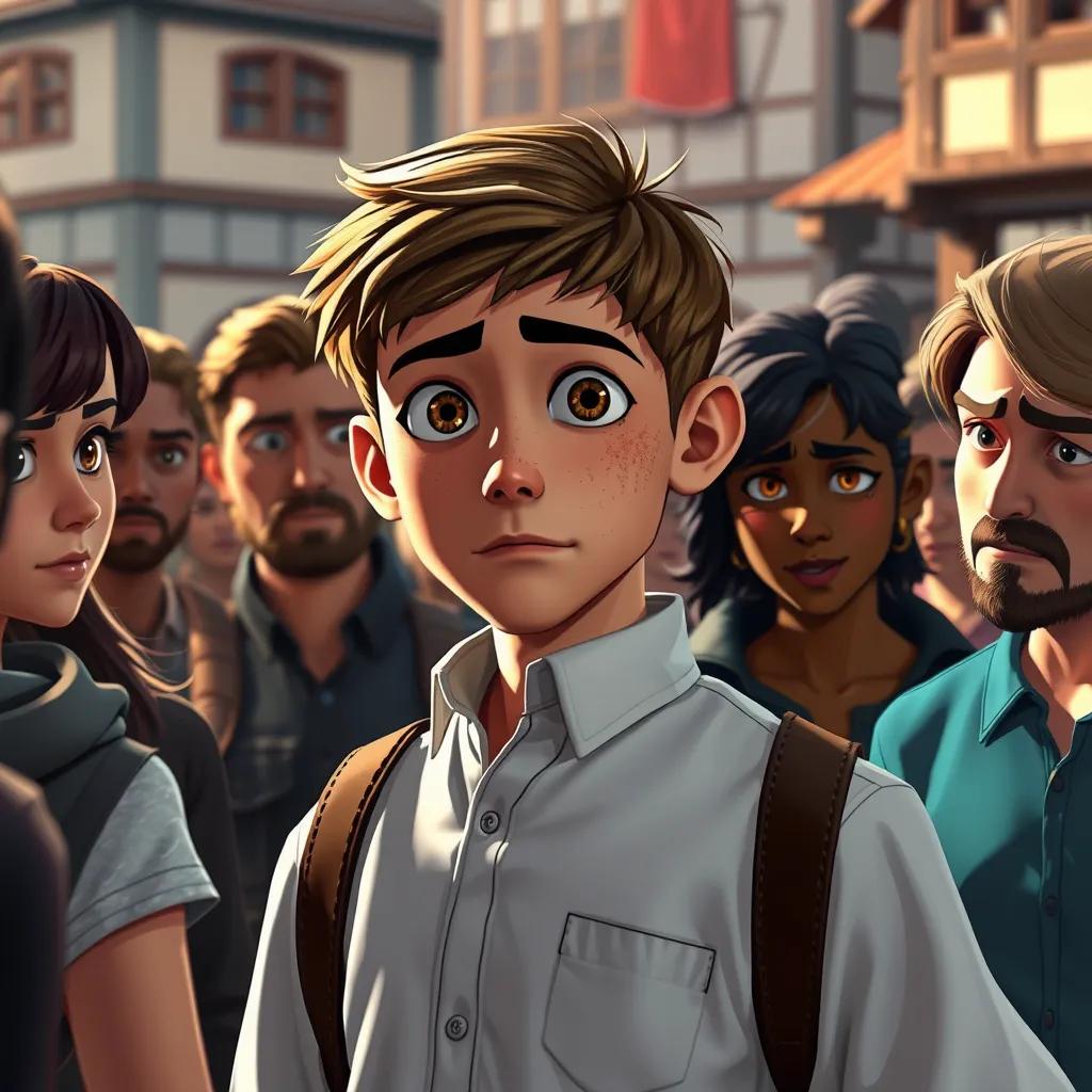 Adolf, a determined young man with short brown hair and a white shirt, facing a group of mixed reactions from people in a town square, outdoor scene, expressions ranging from approval to concern, detailed art, contrasting colors, dramatic atmosphere, high quality