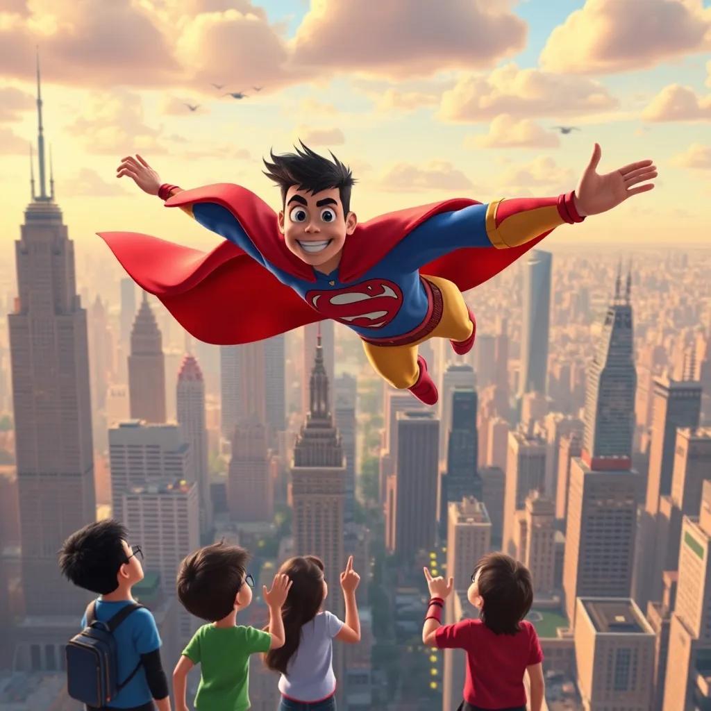 A vibrant city skyline with eight superheroes above it, Mori Ihab soaring gracefully, wearing a superhero costume, with children below pointing at him, digital art, colorful, lively atmosphere, high quality