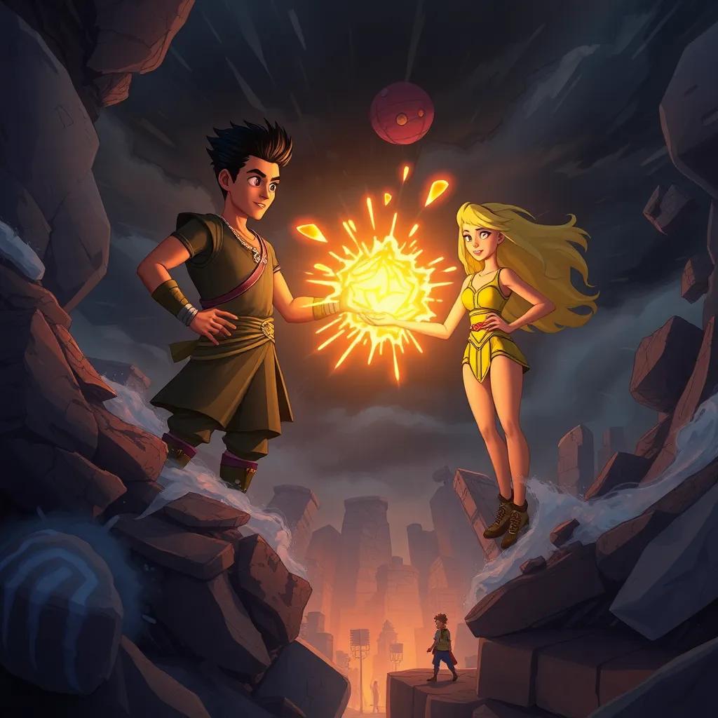 A stormy scene with Malik standing strong, manipulating rocks and soil, while Sandy creates glowing light to guide citizens below, exciting, action-packed, digital illustration, heroic