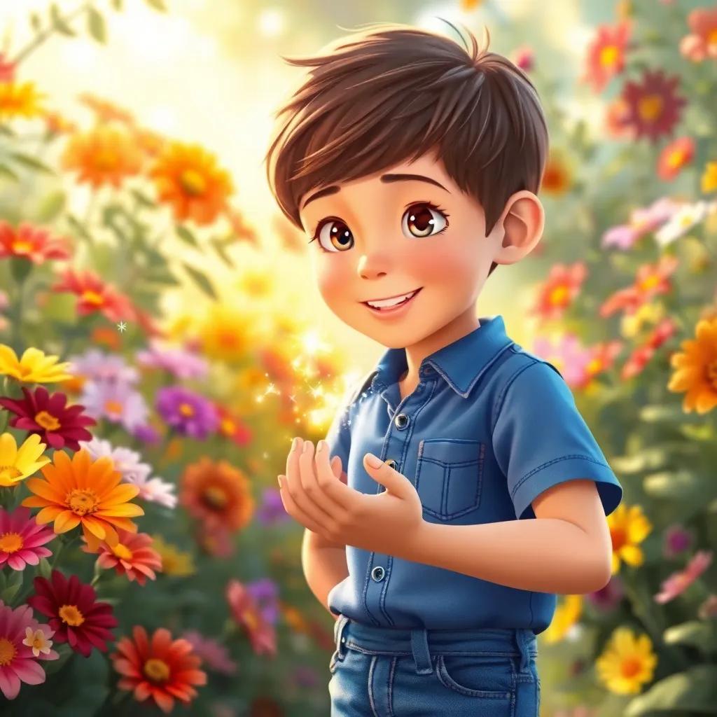 A young boy, Leo, around 10 years old, with short brown hair and wearing a blue shirt and jeans, discovering sparkling fairy dust in a garden filled with colorful flowers, digital art, bright colors, cheerful atmosphere, high quality