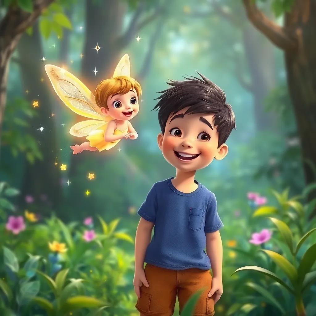 Lila, a tiny glowing fairy with delicate wings, flying joyfully in colorful sparkles around Leo, who is smiling and excited, in a lush green forest, illustration, vibrant, magical scenery, child-friendly