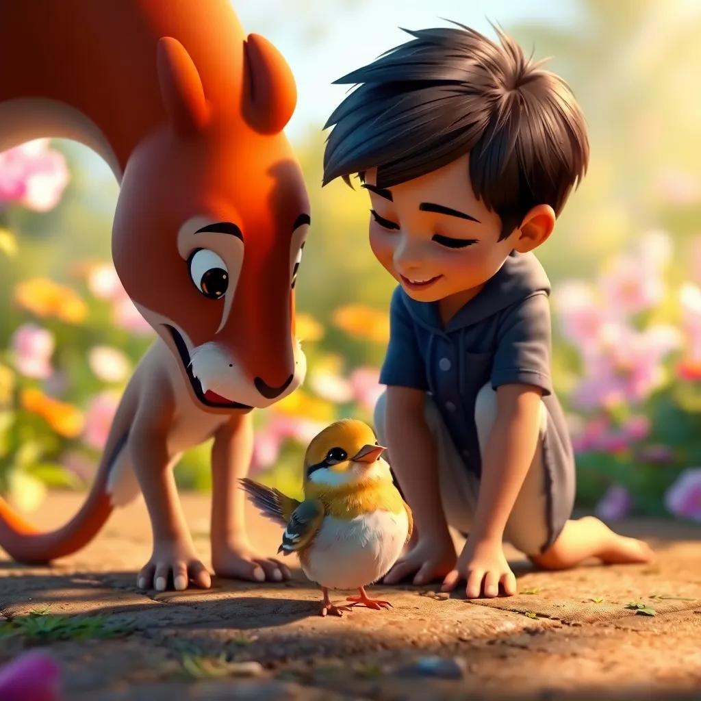 A little bird with a hurt wing on the ground, Leo gently touching it with Lila beside him, bright garden background, beautiful colors, heartwarming scene, digital art