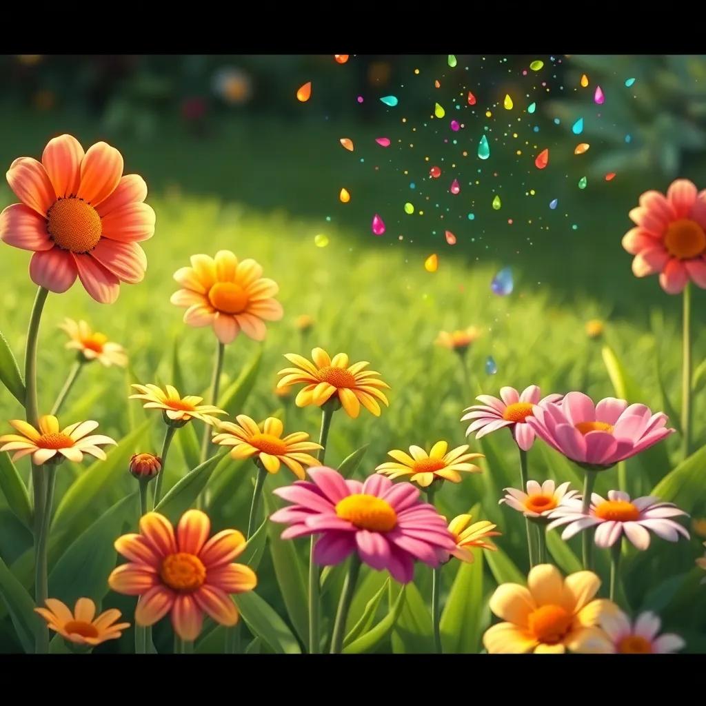 Flowers in a garden that look sad, Leo sprinkling fairy dust causing colorful raindrops to fall, flowers perking up and dancing, bright colors, cheerful atmosphere, illustration
