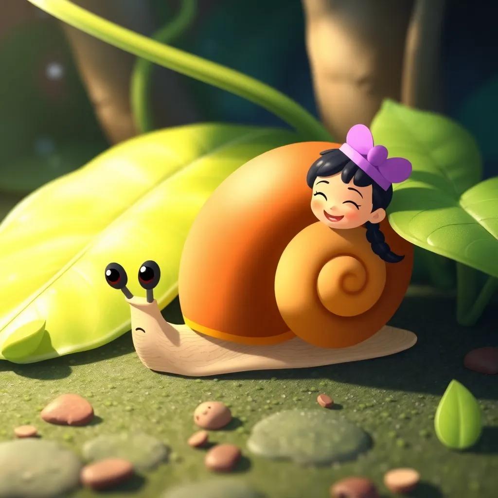 A snail looking lost next to a leafy plant, Leo and Lila helping it find its way home, joyful and magical environment, illustration, vibrant colors, high quality