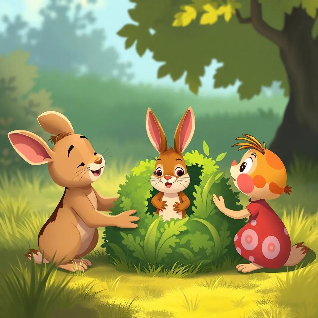 A rabbit stuck in a small bush, Leo carefully helping it out with Lila's encouragement, expressive and friendly atmosphere, digital painting, heartwarming