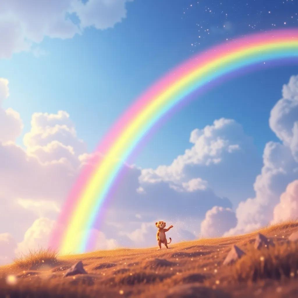 A vivid rainbow arching high in the sky, Leo stepping into it with a look of joy and wonder, surrounded by sparkles and light, magical scene, bright colors, high quality