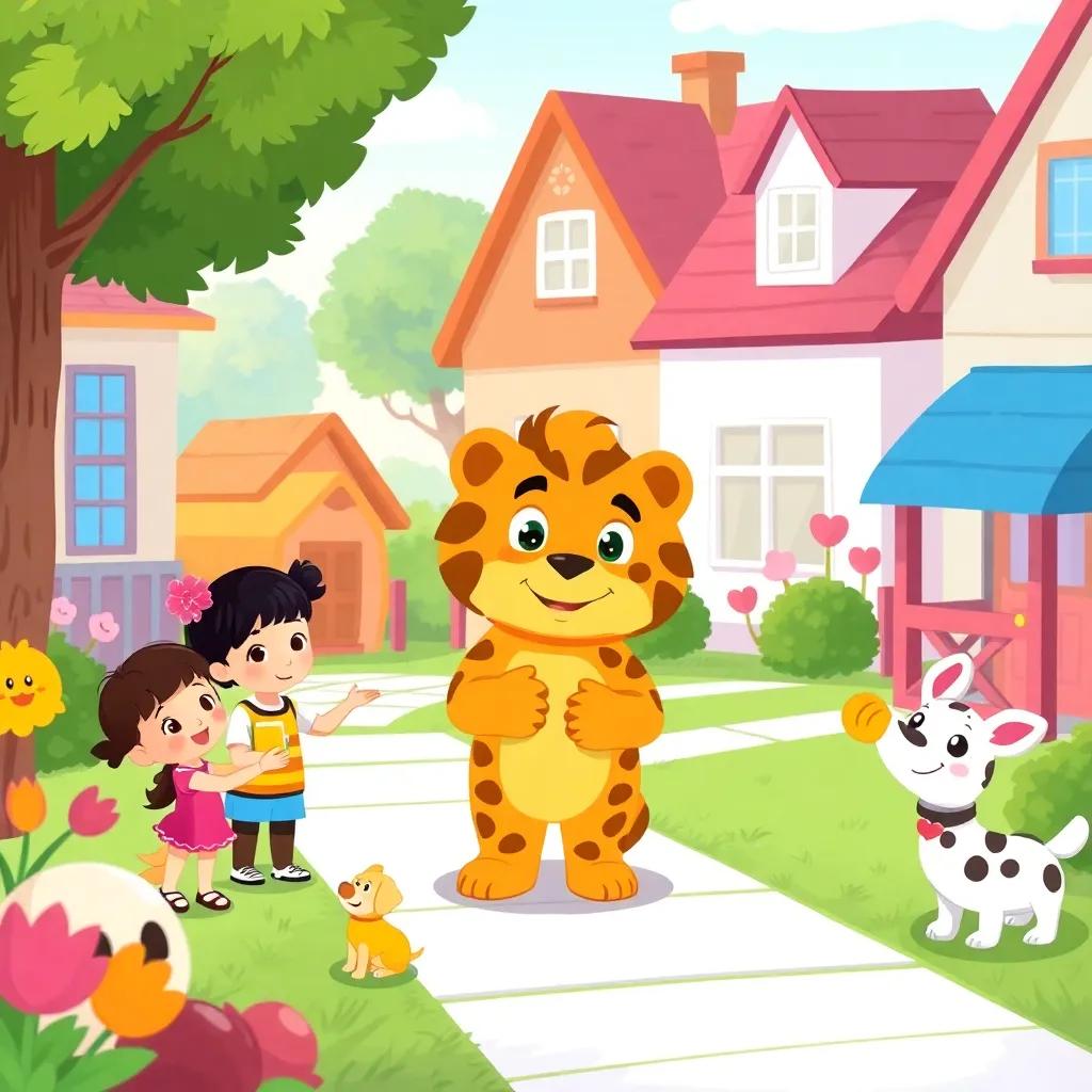 Leo in a cheerful neighborhood, helping children and animals with small acts of kindness, illustrated in a warm and loving style, colorful, uplifting imagery