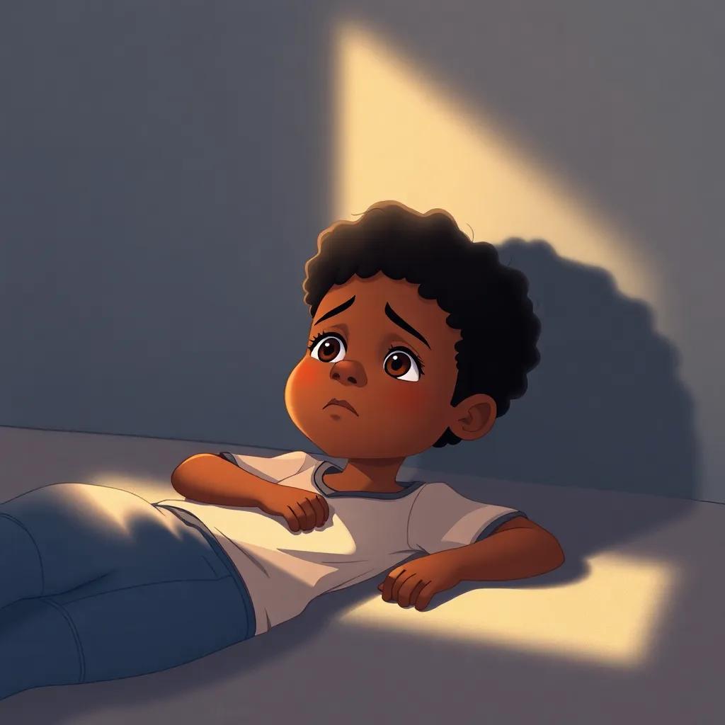 A young boy, Malik, with dark skin and short curly hair, lying on the ground under a shadowy wall, with a sad expression while gazing at the sun, illustration, soft colors, gentle light, evocative atmosphere, child-friendly