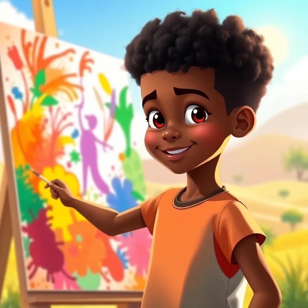 A young boy, Malik, with dark skin and short curly hair, standing in front of a large canvas filled with vibrant colors, painting with passion, surrounded by a bright sunny landscape, illustration, cheerful vibes, lively colors, inspiring perspective, high quality