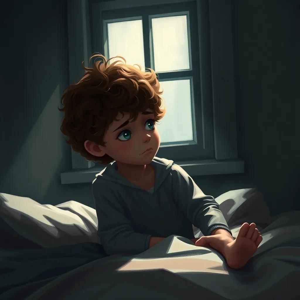 A young boy, Leo, with curly brown hair and a sad expression, sitting on his bed surrounded by shadows, looking out a dim window with a frown, digital art, soft lighting, muted colors, emotional atmosphere, high detail, storytelling perspective