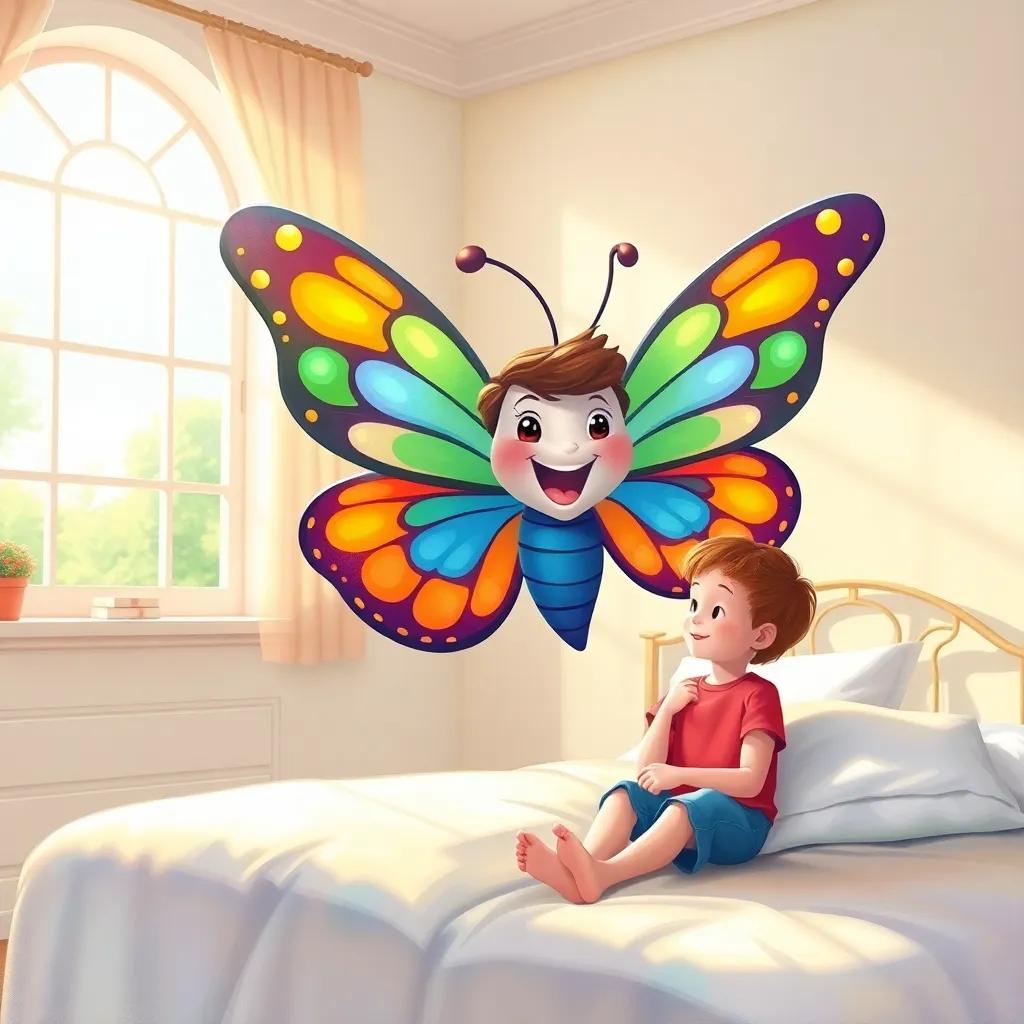 A colorful butterfly, Bella, flying playfully in a bright room filled with sunlight, with vibrant wings and a cheerful expression, interacting with a boy sitting on his bed, illustration, lively colors, optimistic atmosphere, child-friendly, engaging view