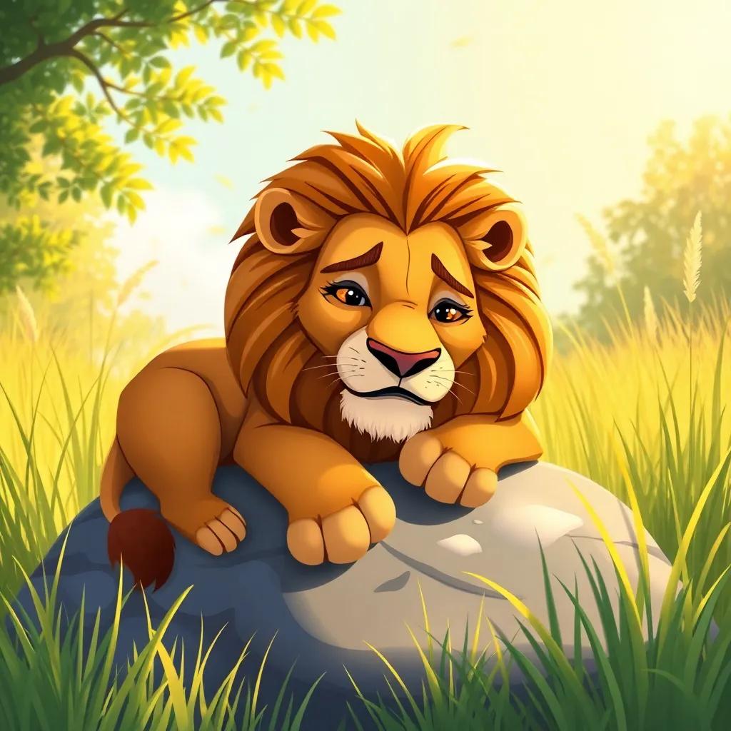 A majestic lion, Leo, with a golden mane lying on a rock in a sunny glade surrounded by tall grass, expressing a tired look, digital art, warm colors, inviting atmosphere, high quality