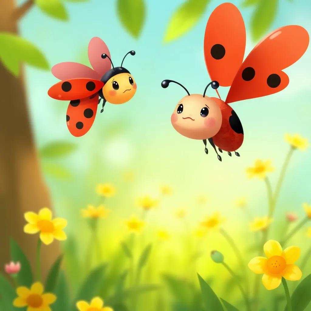 A small ladybug, Lila, with red wings and black spots flying above Leo with concern on her face in a bright green glade, digital art, cheerful, vibrant colors, high quality