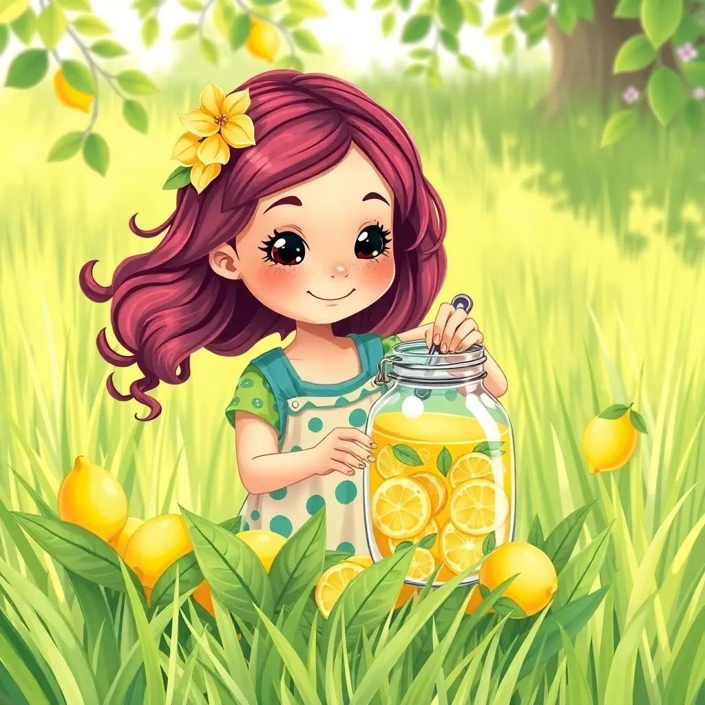 Lila mixing lemon juice in a colorful jar with fresh green leaves around her, cute and cheerful, in the grassy glade, bright and sunny, illustration, vivid colors, high quality