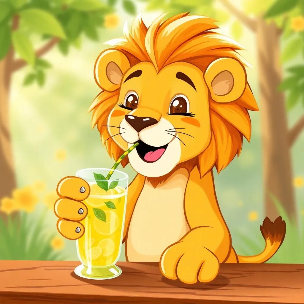 A lion, Leo, sipping a refreshing lemon and leaf juice from a cup, looking joyful and strong again, with a bright glade background, cheerful, warm light, high quality