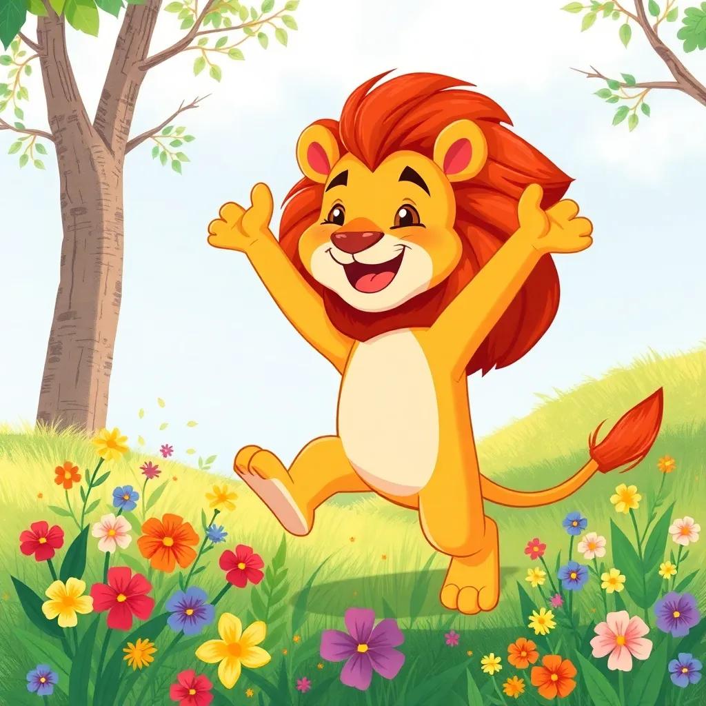 Leo, the lion, jumping joyfully in the glade with a big smile, expressing his gratitude to Lila, colorful flowers around them, illustrated, bright and uplifting, high quality