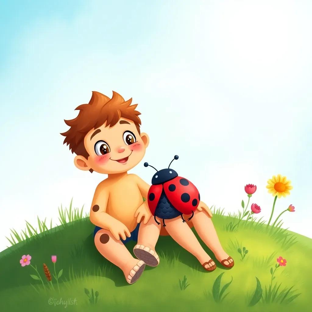 Leo and Lila, the ladybug, sitting together on a grassy hill under a bright blue sky, enjoying their friendship and nature, vibrant colors, delightful, high quality