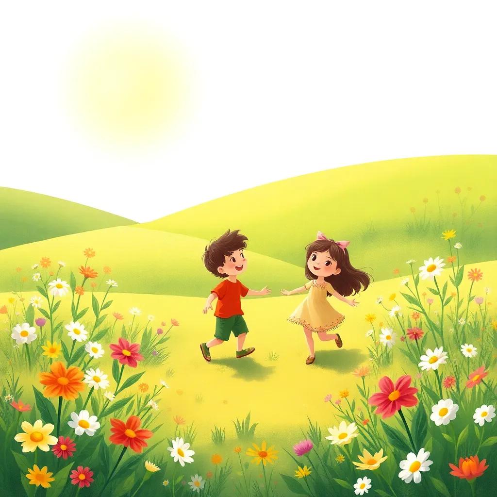 A wide view of the sunny glade with Leo and Lila playing together, flowers blooming all around them, cheerful and warm atmosphere, illustrated, beautiful colors, high quality